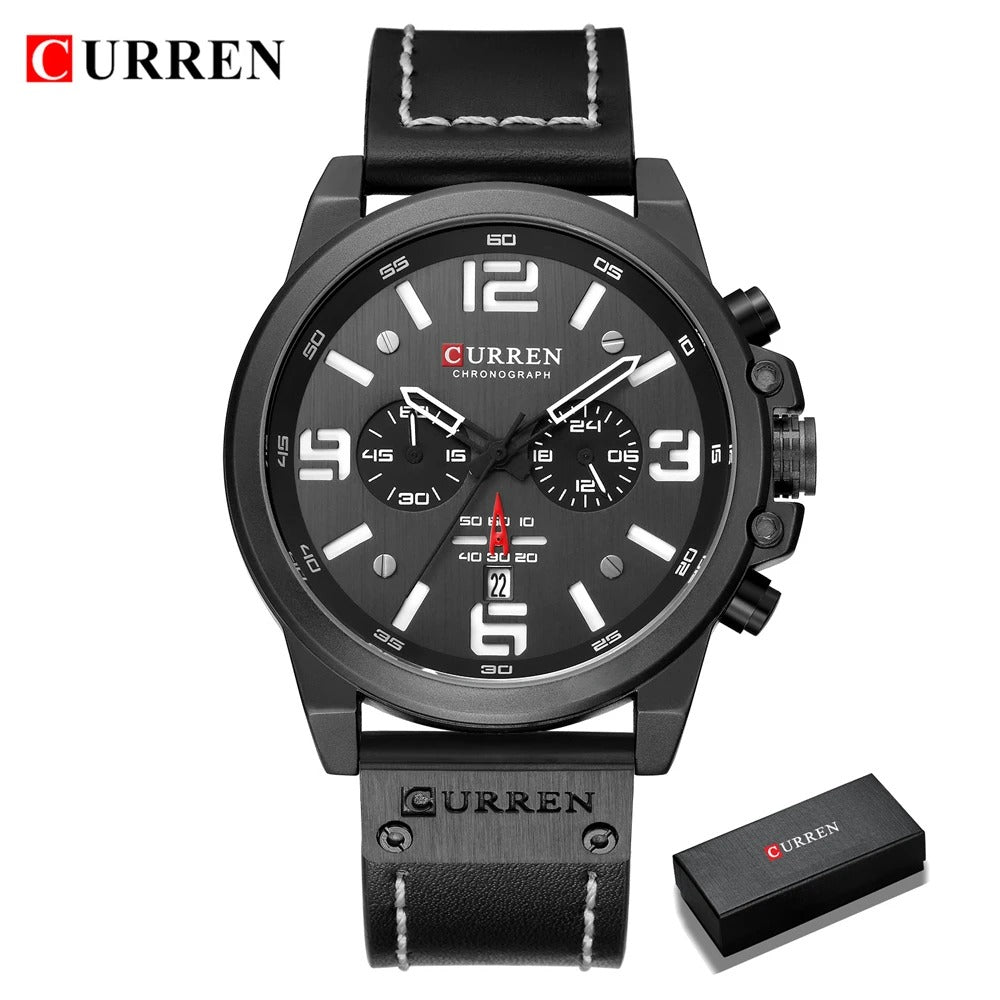 Curren men's luxury top brand waterproof sports wristwatch, quartz chronograph military watch with genuine leather strap.