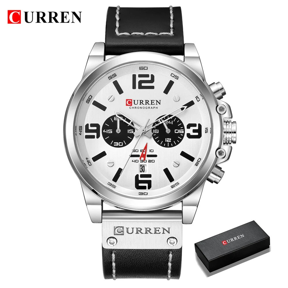 Curren men's luxury top brand waterproof sports wristwatch, quartz chronograph military watch with genuine leather strap.