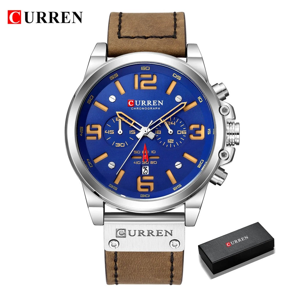 Curren men's luxury top brand waterproof sports wristwatch, quartz chronograph military watch with genuine leather strap.