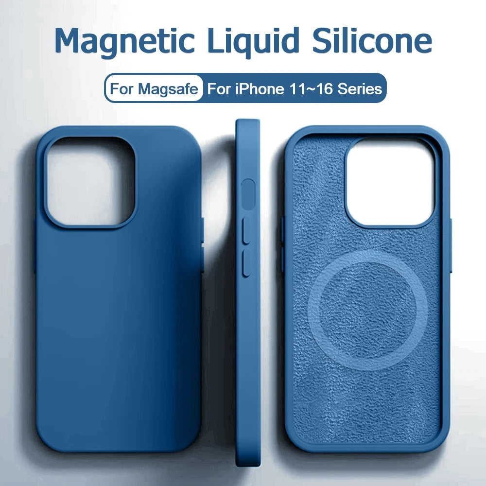Original liquid silicone magnetic shockproof case for iPhone 16, 15 Pro Max 16 Plus, compatible with MagSafe wireless charging.