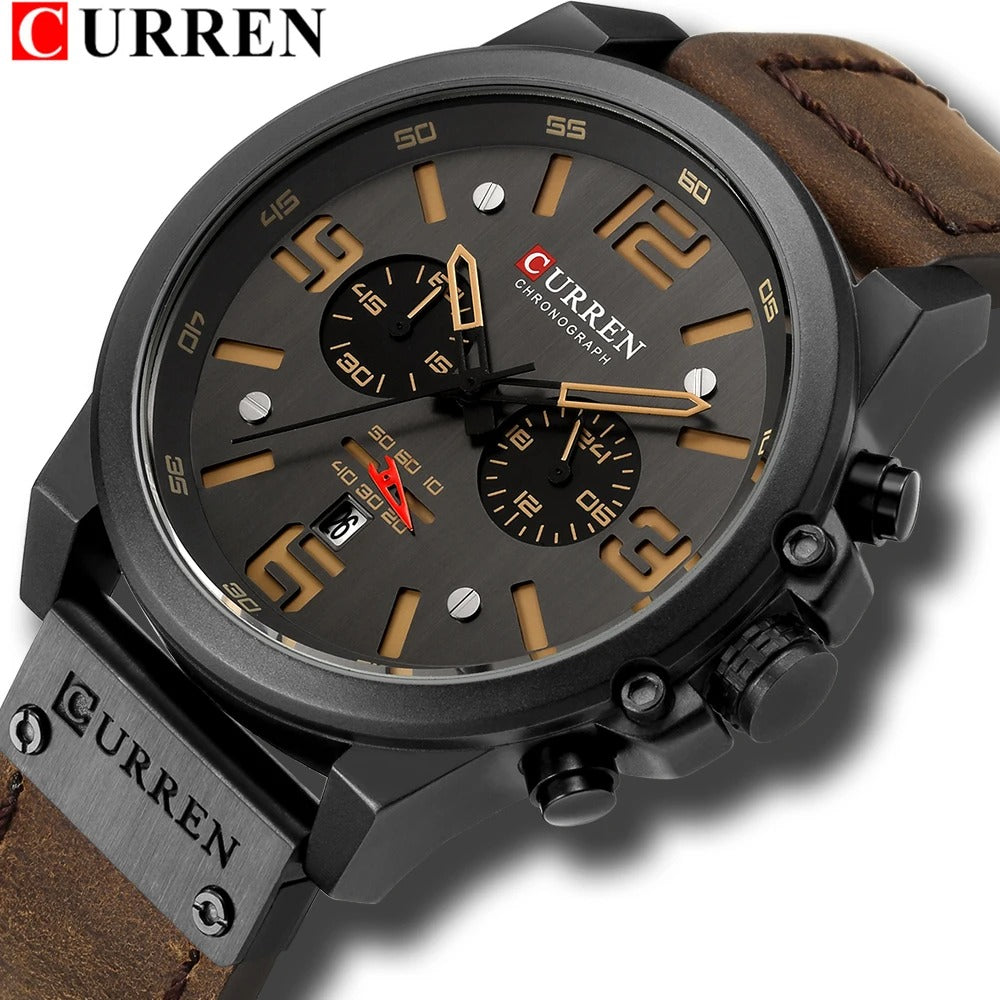Curren men's luxury top brand waterproof sports wristwatch, quartz chronograph military watch with genuine leather strap.