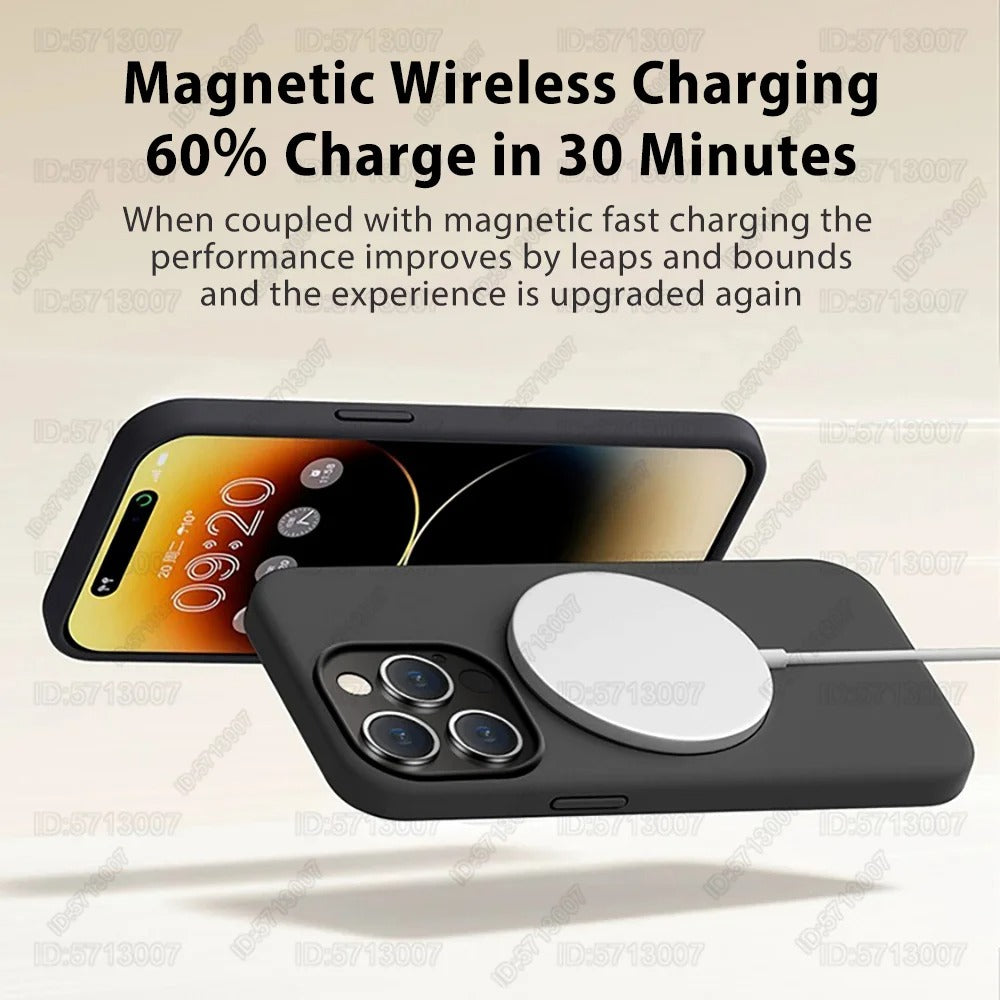 Original liquid silicone magnetic shockproof case for iPhone 16, 15 Pro Max 16 Plus, compatible with MagSafe wireless charging.
