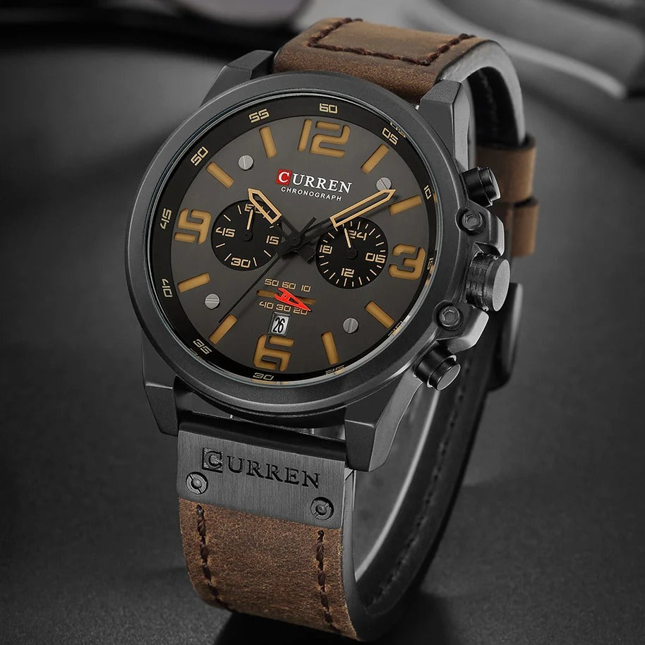 Curren men's luxury top brand waterproof sports wristwatch, quartz chronograph military watch with genuine leather strap.