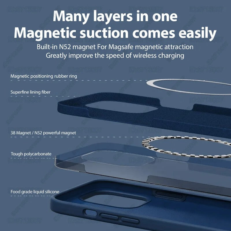 Original liquid silicone magnetic shockproof case for iPhone 16, 15 Pro Max 16 Plus, compatible with MagSafe wireless charging.