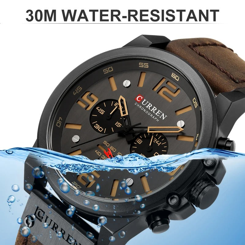 Curren men's luxury top brand waterproof sports wristwatch, quartz chronograph military watch with genuine leather strap.