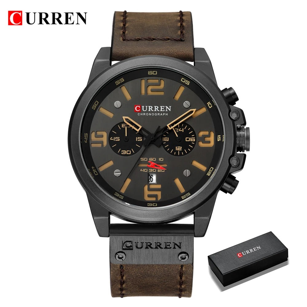Curren men's luxury top brand waterproof sports wristwatch, quartz chronograph military watch with genuine leather strap.